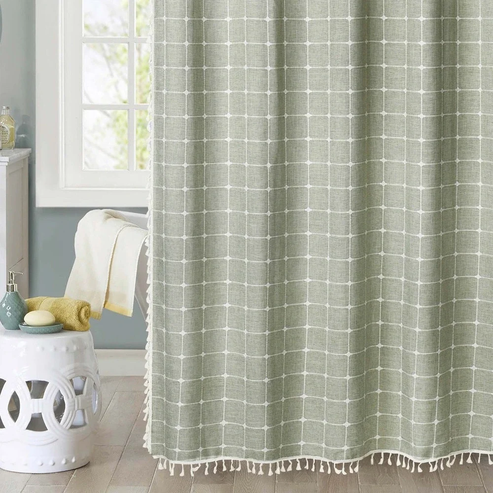 Yuanice Linen Blend Shower Curtain Sage Green‎ Grid Tassel Farmhouse 47x72